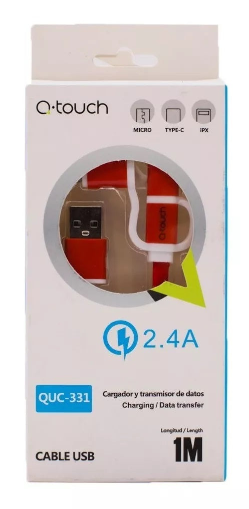 Q-touch Cable 3 En 1 Carga Rápida Compatible Usb V8 Lightning Tipo C